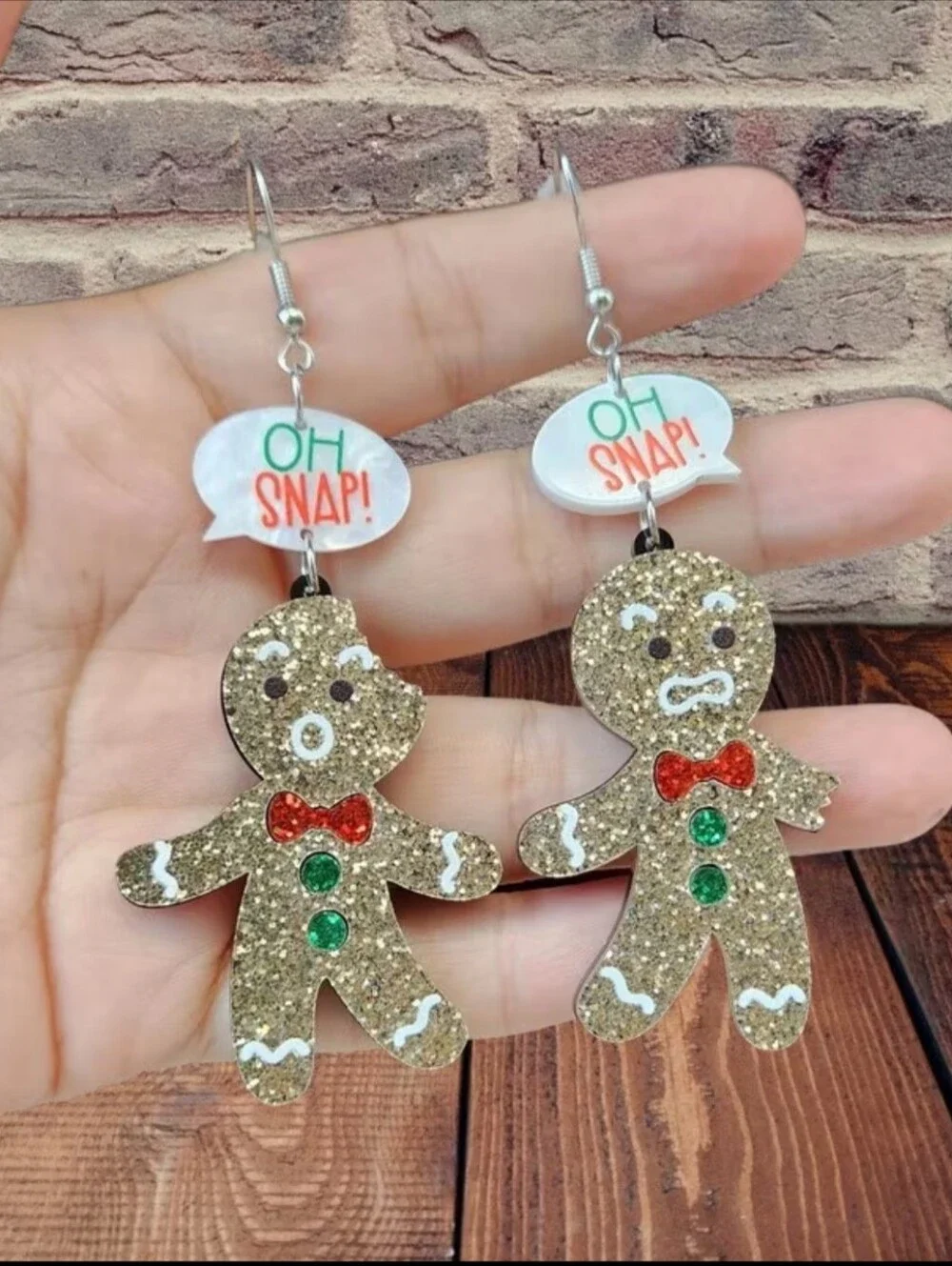 Hand Crafted Oh Snap! Glitter Gingerbread Dangle Earrings